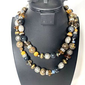Juicy Couture Double Strand Mixed Stone Beaded Necklace Earth Tones 8" Drop